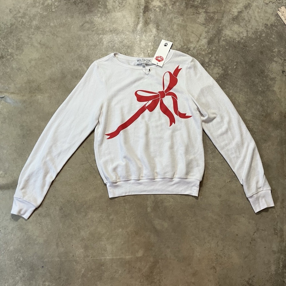 Wildfox Sweater Womens Size XS White‎ Red Bow Pullover Gift Wrapper Ribbon